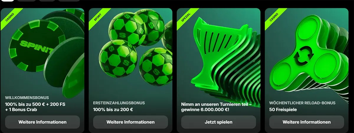 Four SPINIT promo tiles showing a welcome bonus, first deposit bonus, tournament special, and weekly reload bonus (50 free spins) in a green neon theme.