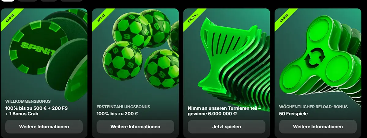 Four SPINIT promo tiles showing a welcome bonus, first deposit bonus, tournament special, and weekly reload bonus (50 free spins) in a green neon theme.