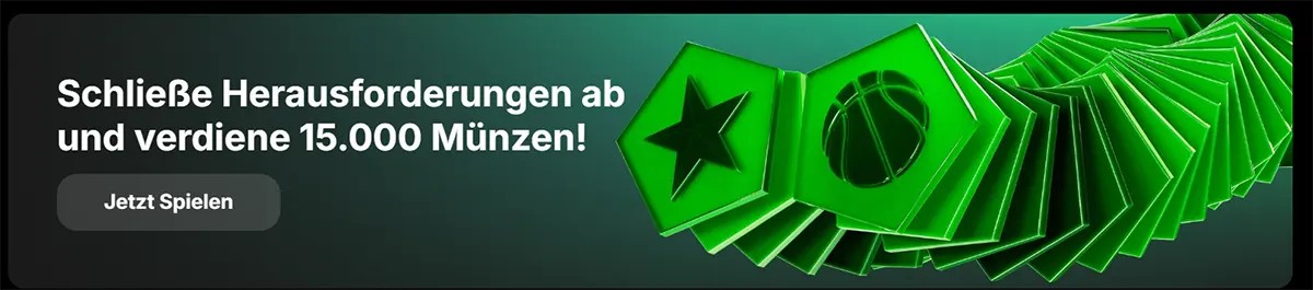 Promotional banner with green card/token icons advertising “Complete challenges and earn 15,000 coins” with a “Play now” button.