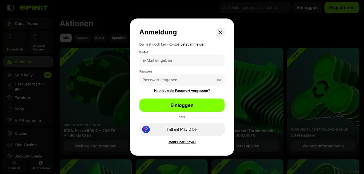 SPINIT casino login modal with email and password fields, a green “Log in” button, and an option to sign in via PlayID.