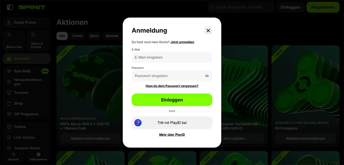 SPINIT casino login modal with email and password fields, a green “Log in” button, and an option to sign in via PlayID.